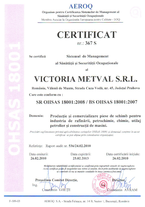 Certificat PED - Directiva 97/23/CE - Victoria Metval