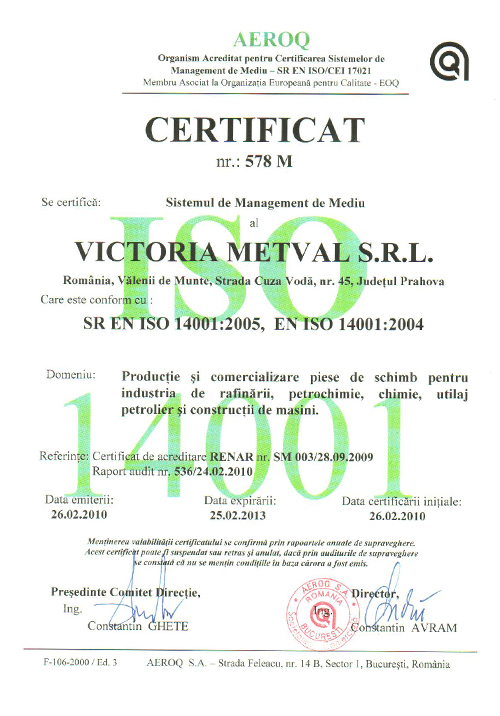 Certificat SR EN ISO 14001:2004 - Victoria Metval