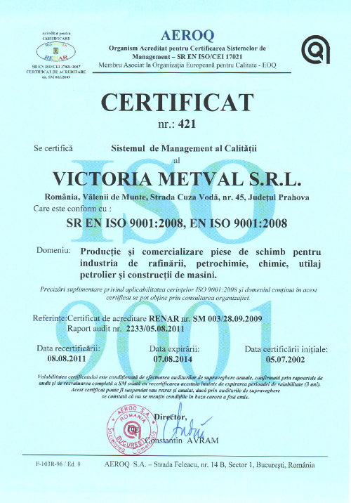 Certificat SR EN ISO 9001:2000 - Victoria Metval